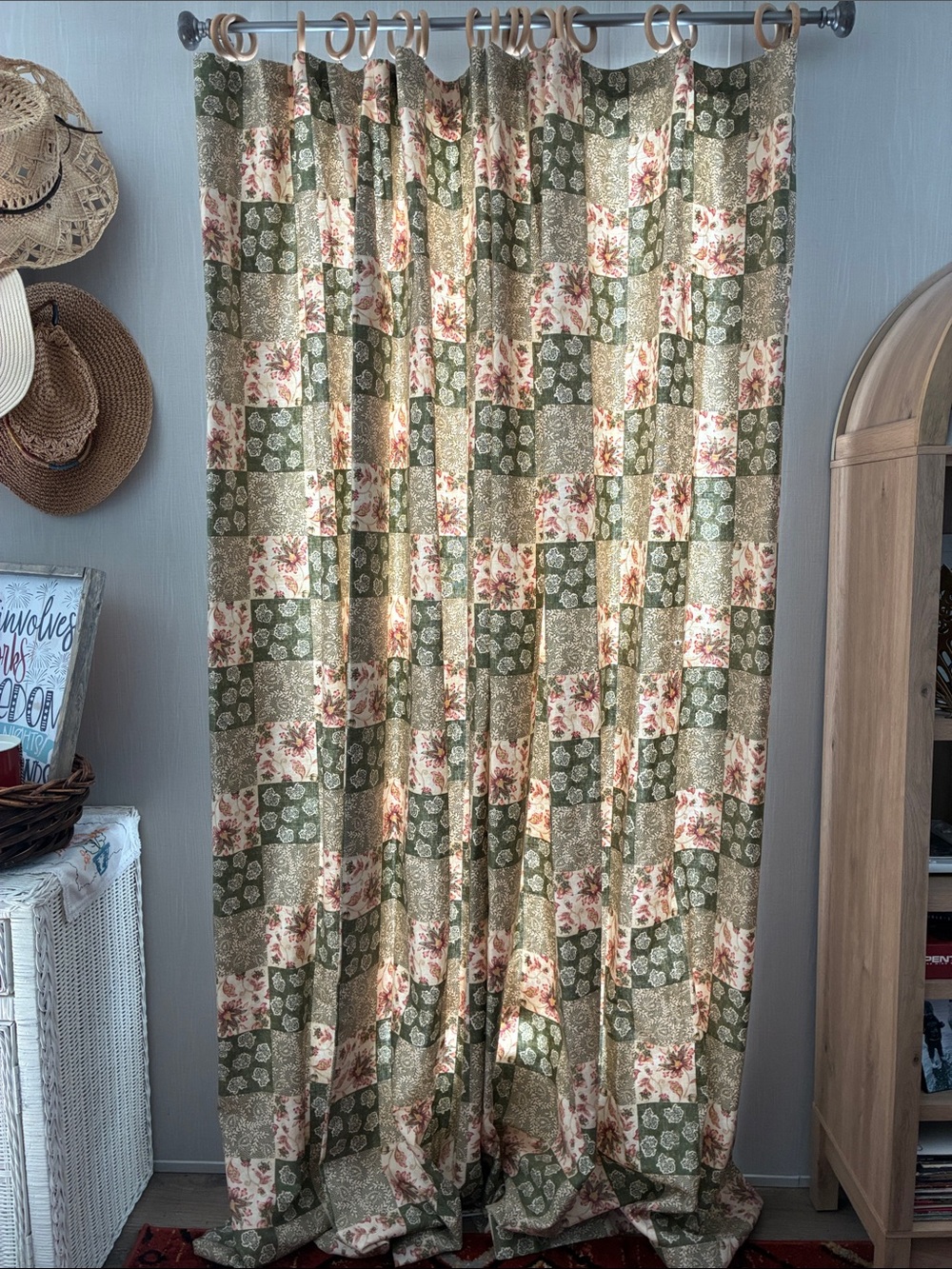 Custom lined Drapes Cottagecore Green Floral with wooden hoop hangers